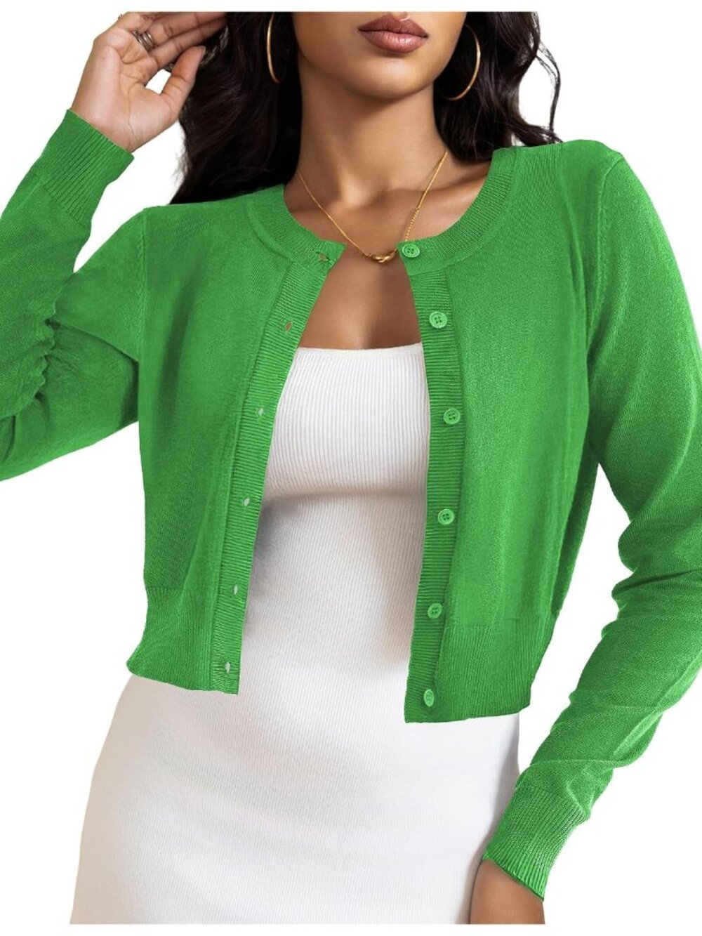 Women's Sapling Green Crew Neck Cropped Button Down Long Sleeve Cardigan Sweater